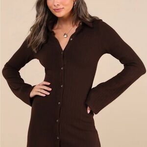 Lulu's Chocolate Brown Button-Up Mini Dress NWT